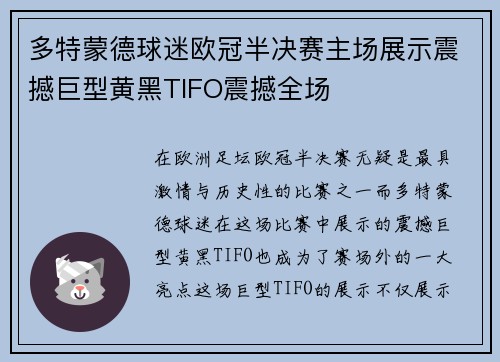 多特蒙德球迷欧冠半决赛主场展示震撼巨型黄黑TIFO震撼全场
